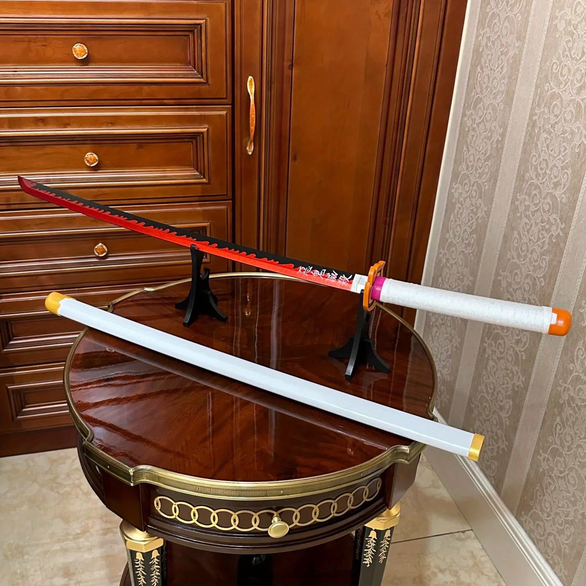 39,3-calowy Demon Slayer Kyoujuro Rengoku Drewniany Miecz Katana Szabla Oryginalna Szabla Samurajska Nóż Ninja Akcesoria do Cosplay Rekwizyt Zabawka