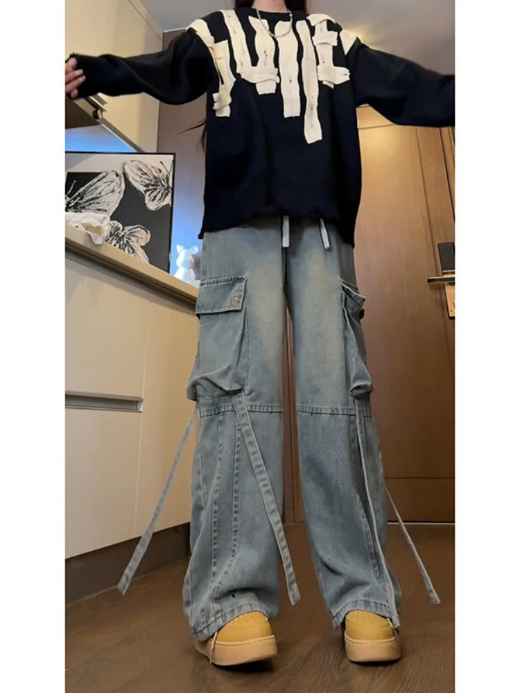 

Men's Workwear Denim Pants Spring Autumn Straight Loose Wide Leg Pants Design Sense Sash Cool Handsome Long Pants
