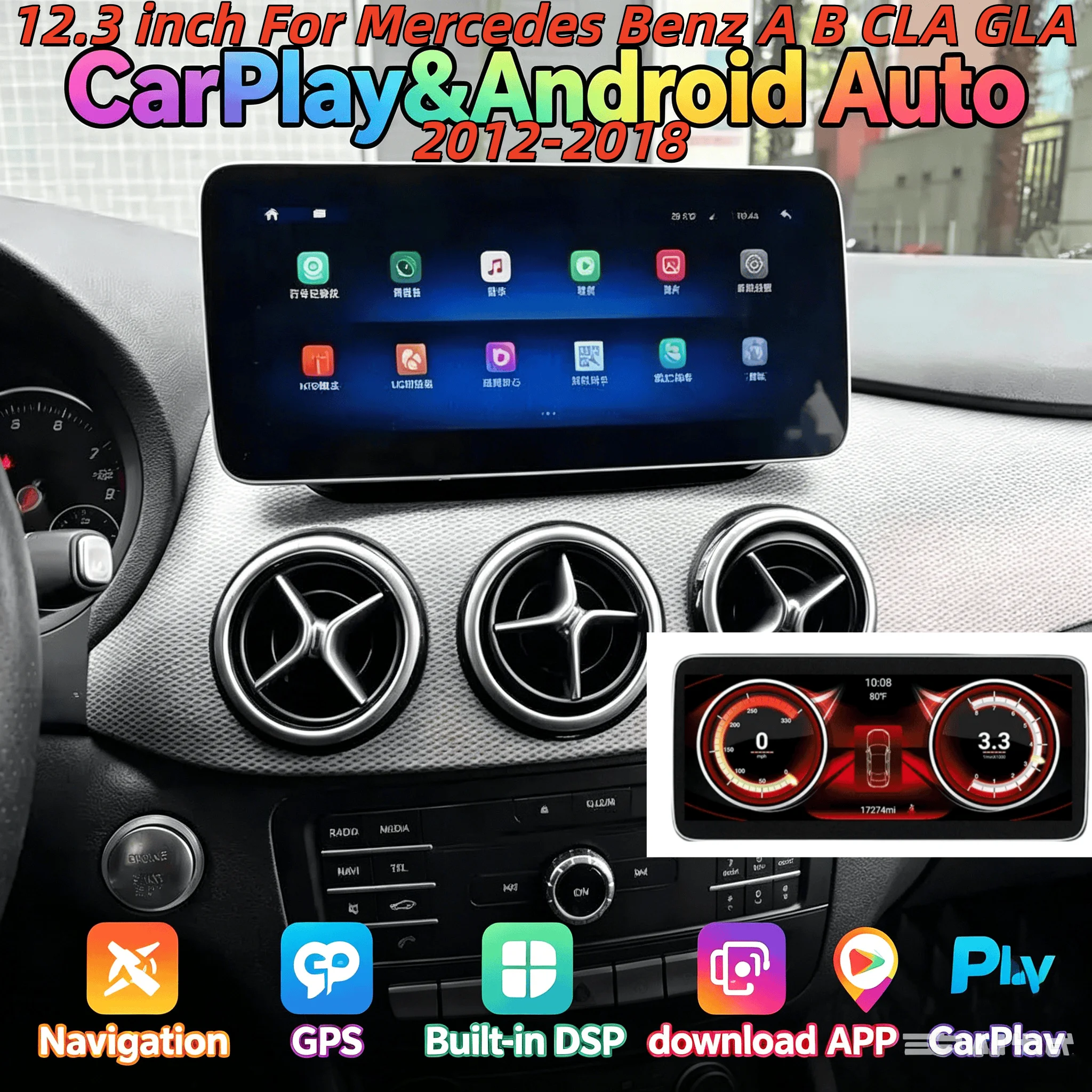 Qualcomm Radio CarPlay For Mercedes Benz A B CLA GLA 2012-2018 Android Navigation GPS Multimedia Player 4G+WIFI BT QLED Screen