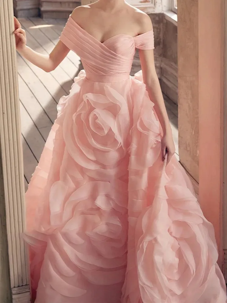 

Elegant Flowers Off the Shoulder Prom Dresses Delicate Boat Neck A-Line Short Sleeves Formal Evening Party Gown Cocktail Dress