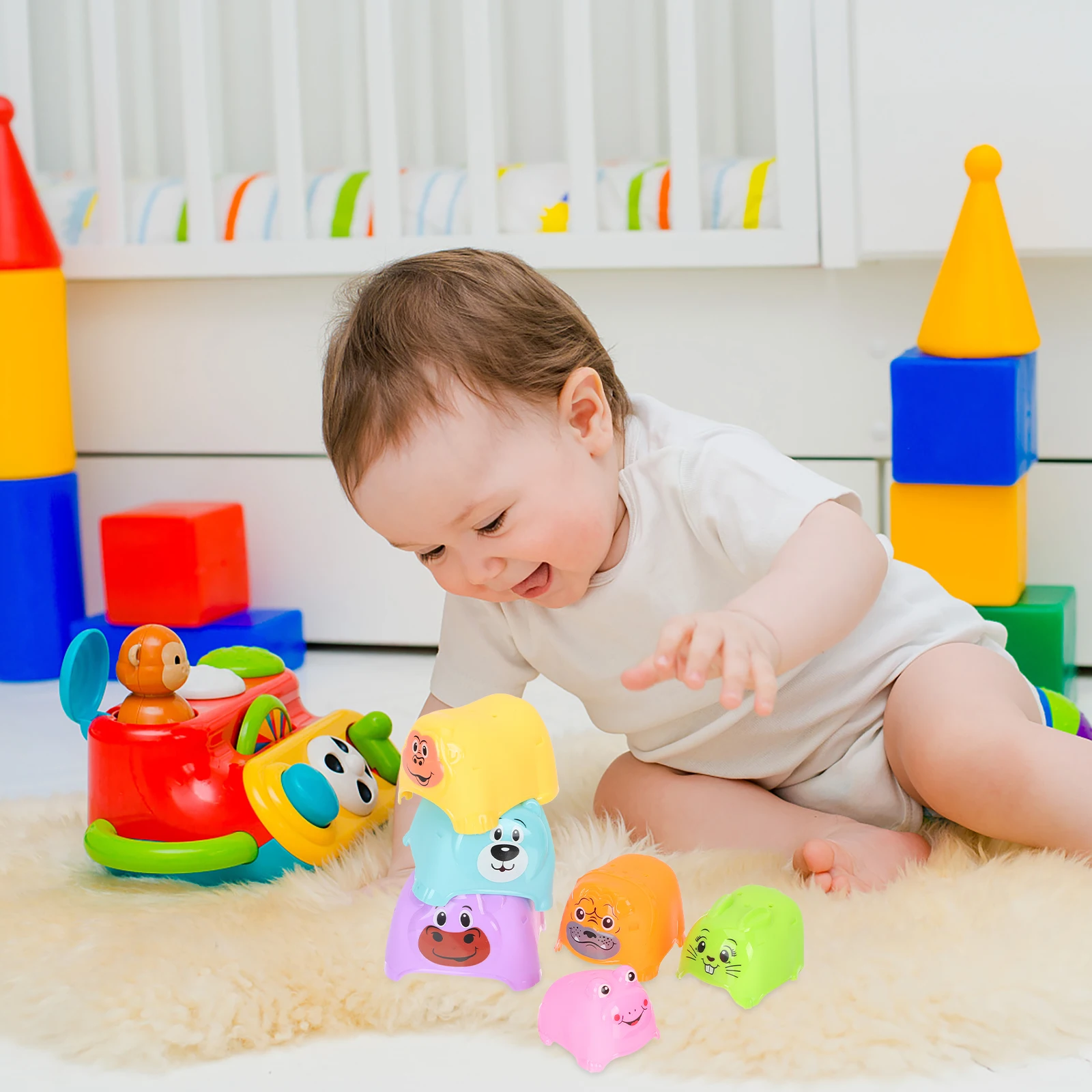 أكواب قابلة للتكديس ألعاب التعشيش للأطفال 6 12 متر أشكال ثلاثية الأبعاد حمام الرياضيات للأطفال الصغار اللبنات الحسية DominoAnimal التراص