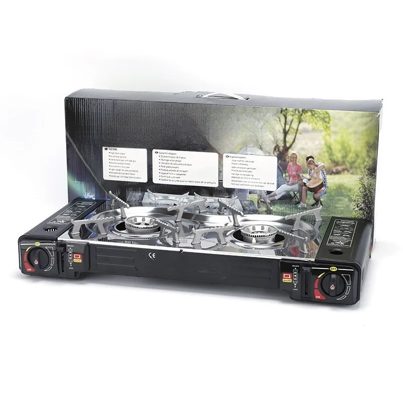 Portable Dual Burner Butane Gas Stove with Griddle Plate Multi-function Camping BBQ Outdoor Cooking Gas Cooker