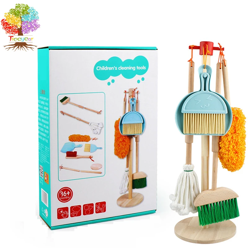 Wooden Detachable Toy Cleaning Set, Kids Cleaning Toys 6 Piece - Hanging Stand Play Kitchen Cleaning Tools for Kid Gift