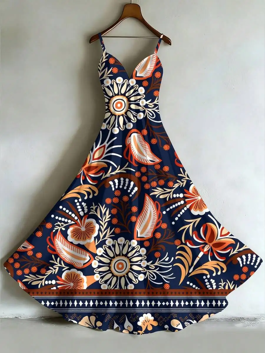 

Floral Print Bohemian Slip Dress Summer Umbrella Shape Beach Vacation Womens Dress