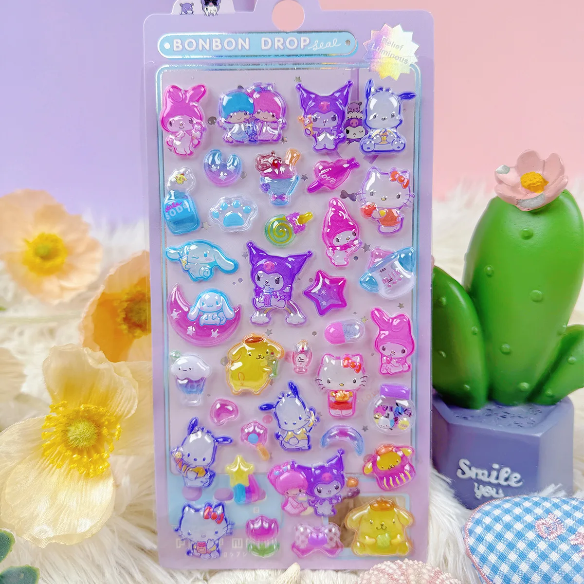 8 قطع KT Kuromi Melody الأصالة مضيئة ثلاثية الأبعاد الإغاثة ملصق مقاوم للماء محبوب ملصقات الزخرفية الكرتون الكريستال ملصق #6