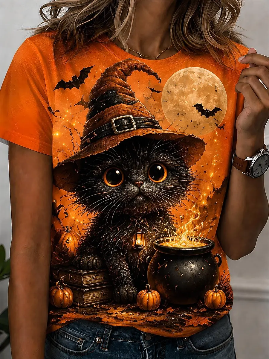 Halloween Women Witch Cat T-Shirt Cute Black Cat Pumpkin Graphic Tops Tee Summer Short Sleeve Crewneck Party Women Clothing