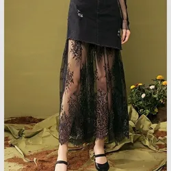 Sexy Mesh Lace Women Skirt Summer High Waist Y2k Streetwear Black White Skirt See-through Underskirt