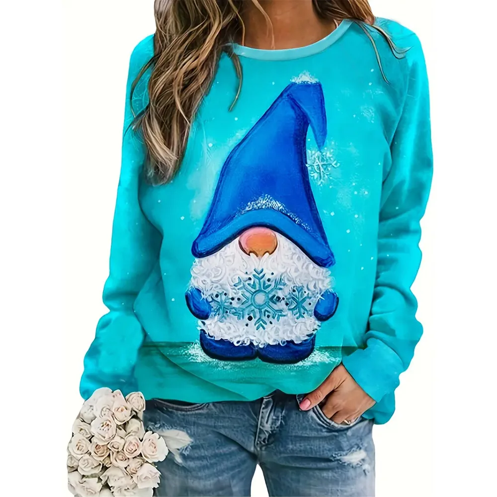 Kwaii Style New Lady Long Sleeve Tops Fashion 3d Snowman Printed Women Clothing Crew Neck Pullovers Tops Winter & Fall Plus Size