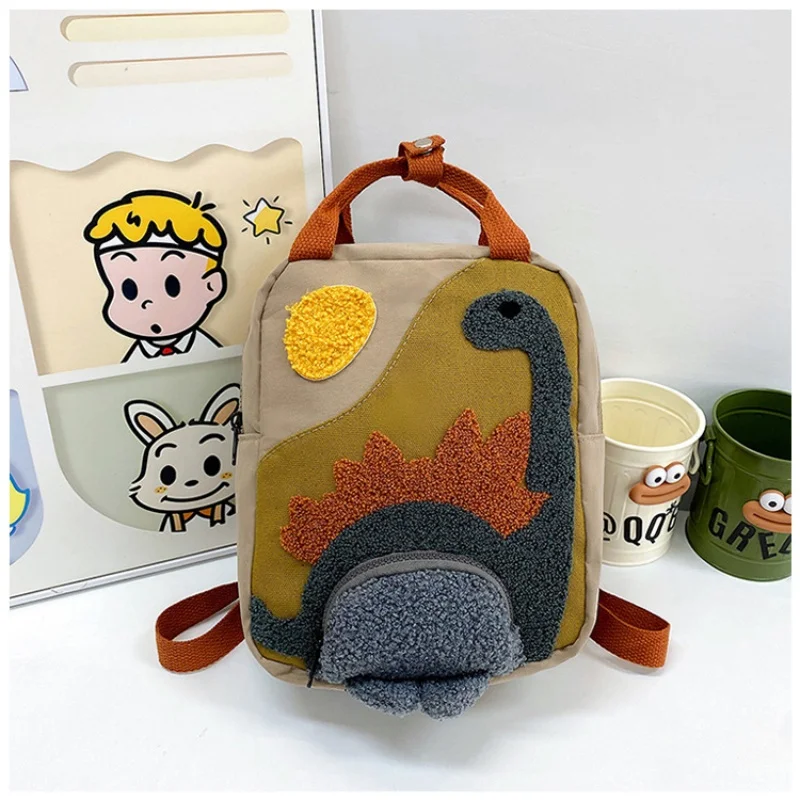 New Embroidery Sun Long Neck Small Dinosaur Backpack Hook Hair Embroidered Cartoon Canvas Kindergarten Children Backpack