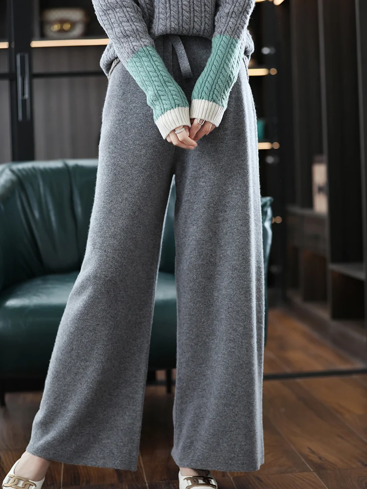 LHZSYY 100%Merino Wool Wide Leg Pant Ladies High Waist Trousers 2024 Autumn And Winter New Fashion Loose Knitted Cashmere