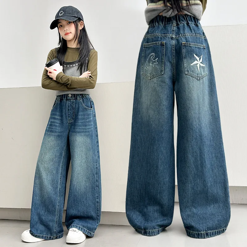 Spring Autumn Teenager Girls Middle School Fashion Loose Wide Leg Denim Jeans Embroidered Solid Color Casual Pants for Ages 4-14