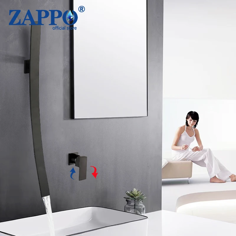 

ZAPPO Black Bathroom Basin Sink Faucet Waterfall Bathtub Faucets Single Handle Sink Tap Hot Cold Water Mixer Wall Mount Silver