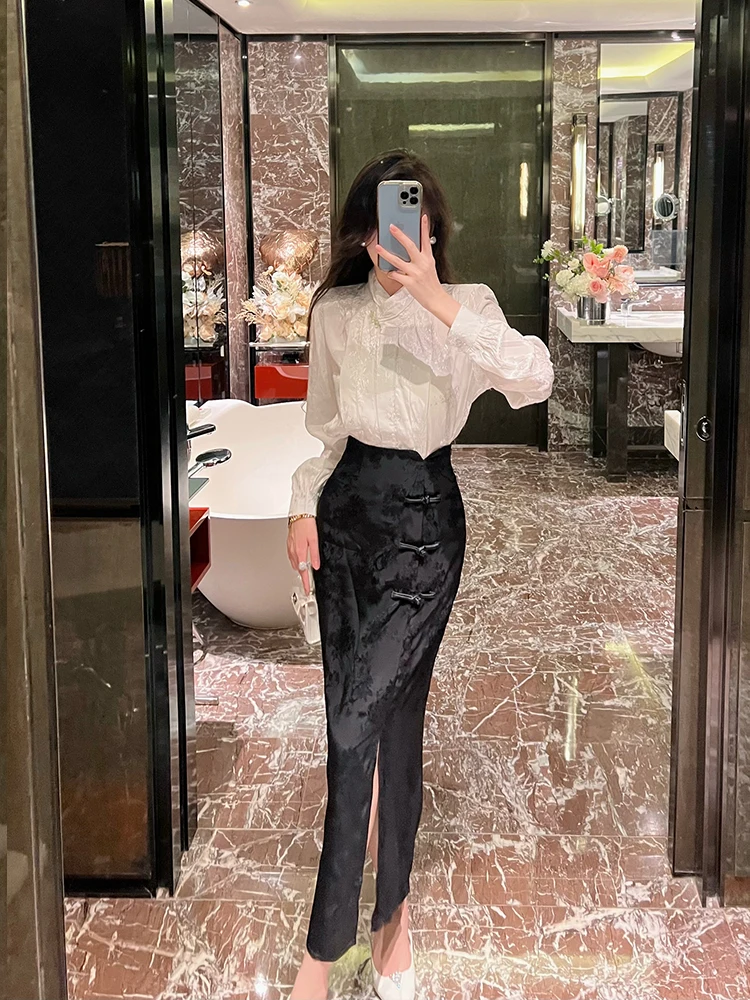 

Комплект из двух предметов: длинная рубашка и юбка в стиле ретро (ретро-китайский стиль), женский модный костюм из полиэстера...