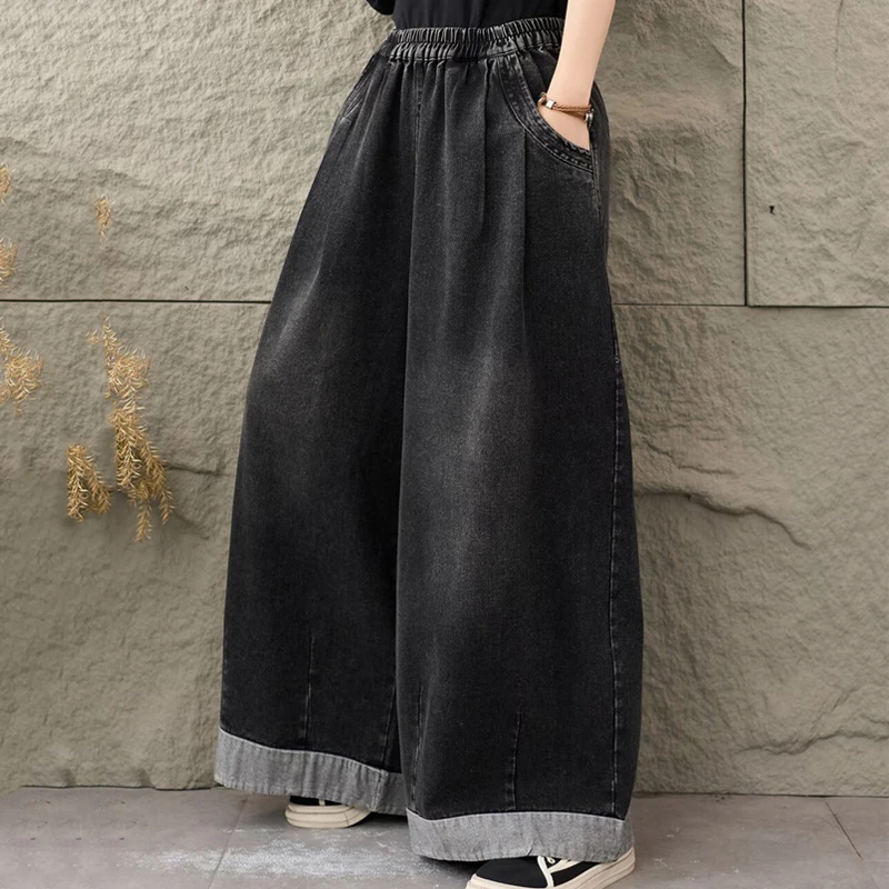 قداس واس 2025 الخريف المرأة خمر تصميم موضة فضفاض سراويل جينز الإناث الكلاسيكية جينز غير رسمي الصلبة واسعة الساق بنطلونات