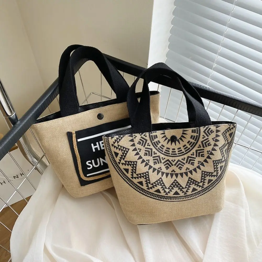 Bolso de mano de lona de gran capacidad, bolso de mano de lino tejido con letras y borlas, bolso de maquillaje, compras de estilo japonés