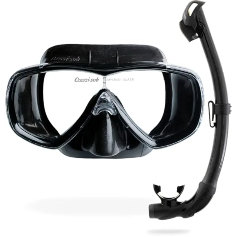 

Adult snorkeling mask and snorkel set for ocean use: silicone mono-lens mask in navy blue with anti-fog coating + dry-top snork