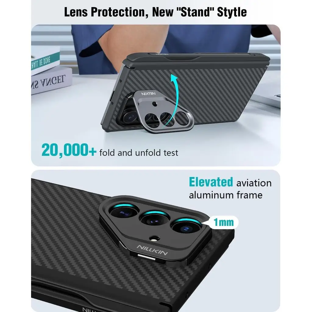 حافظة Nillkin رفيعة من ألياف الأراميد المغناطيسية لهاتف سامسونج جالاكسي Z Fold 7 W26 قلم كتابة مدمج وحامل قابل للتعديل وحماية المفصلي