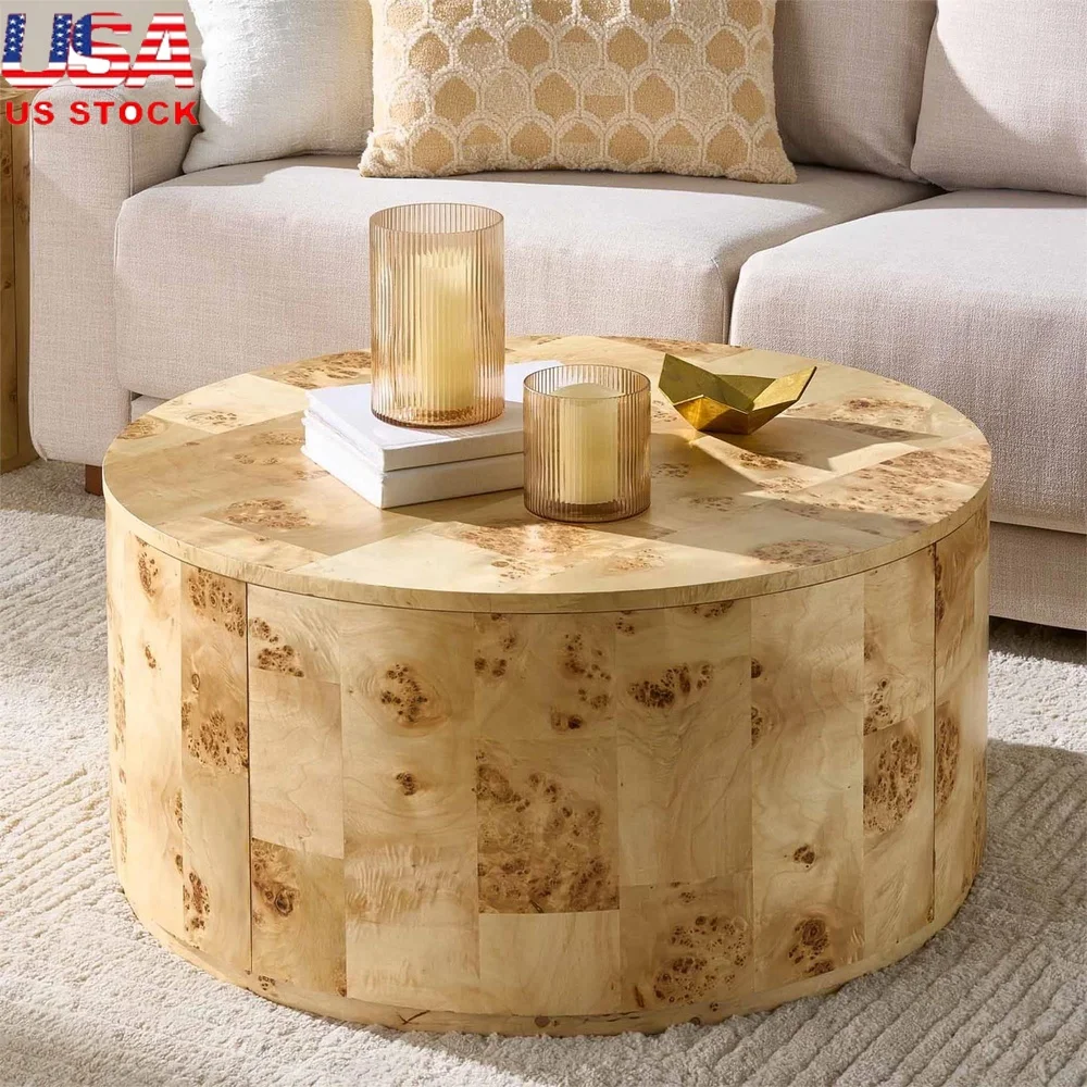 

Уникальный круглый журнальный столик из бурливуда, шпон из натурального дерева, стильная центральная часть для гостиной, спальни, офиса, сборка не требуется