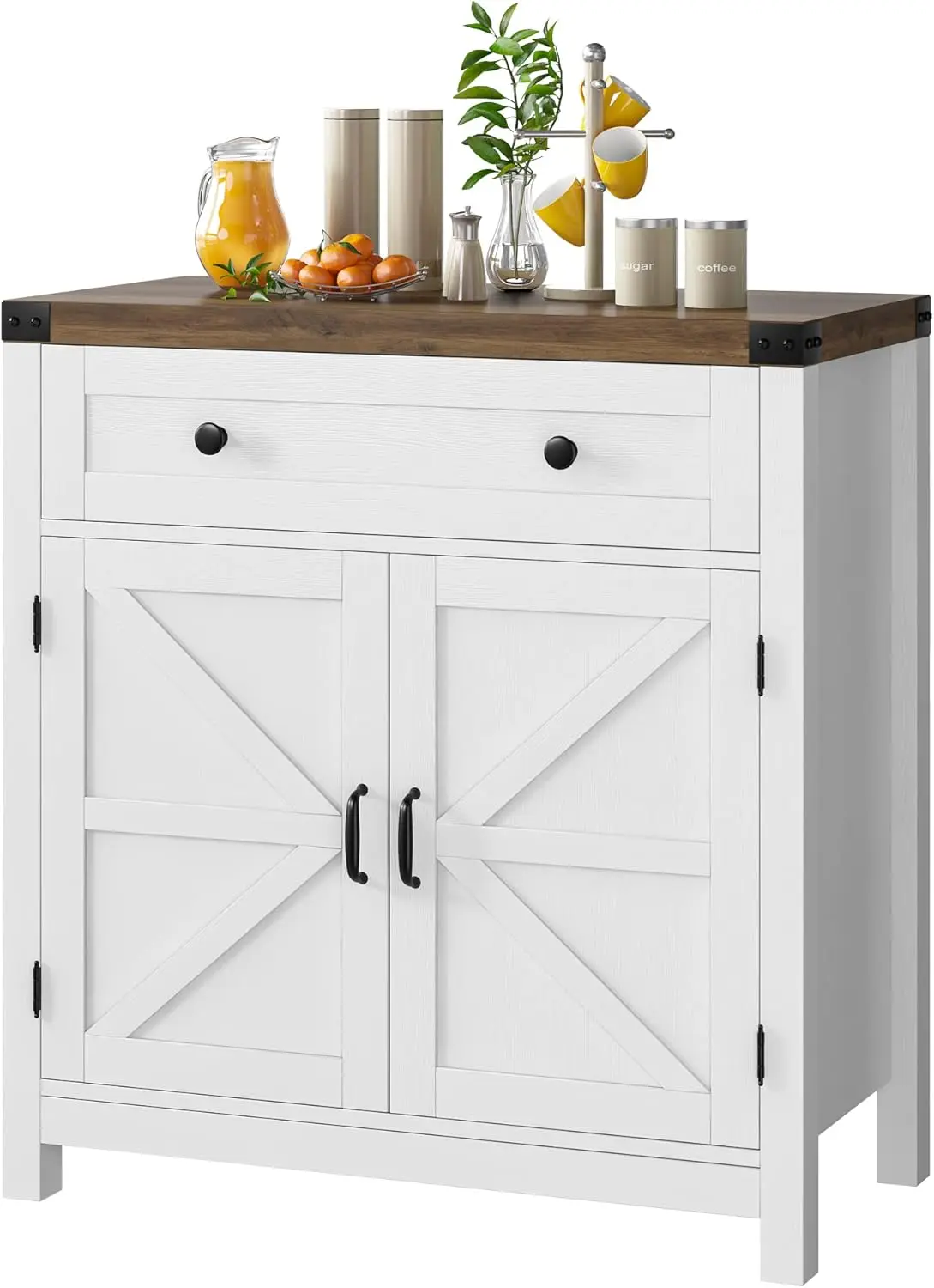 Coffee Bar Cabinet, Modern Farmhouse Buffet with Drawer & Adjustable Shelf, White Barn Door Sideboard for Kitchen, Dining Room,