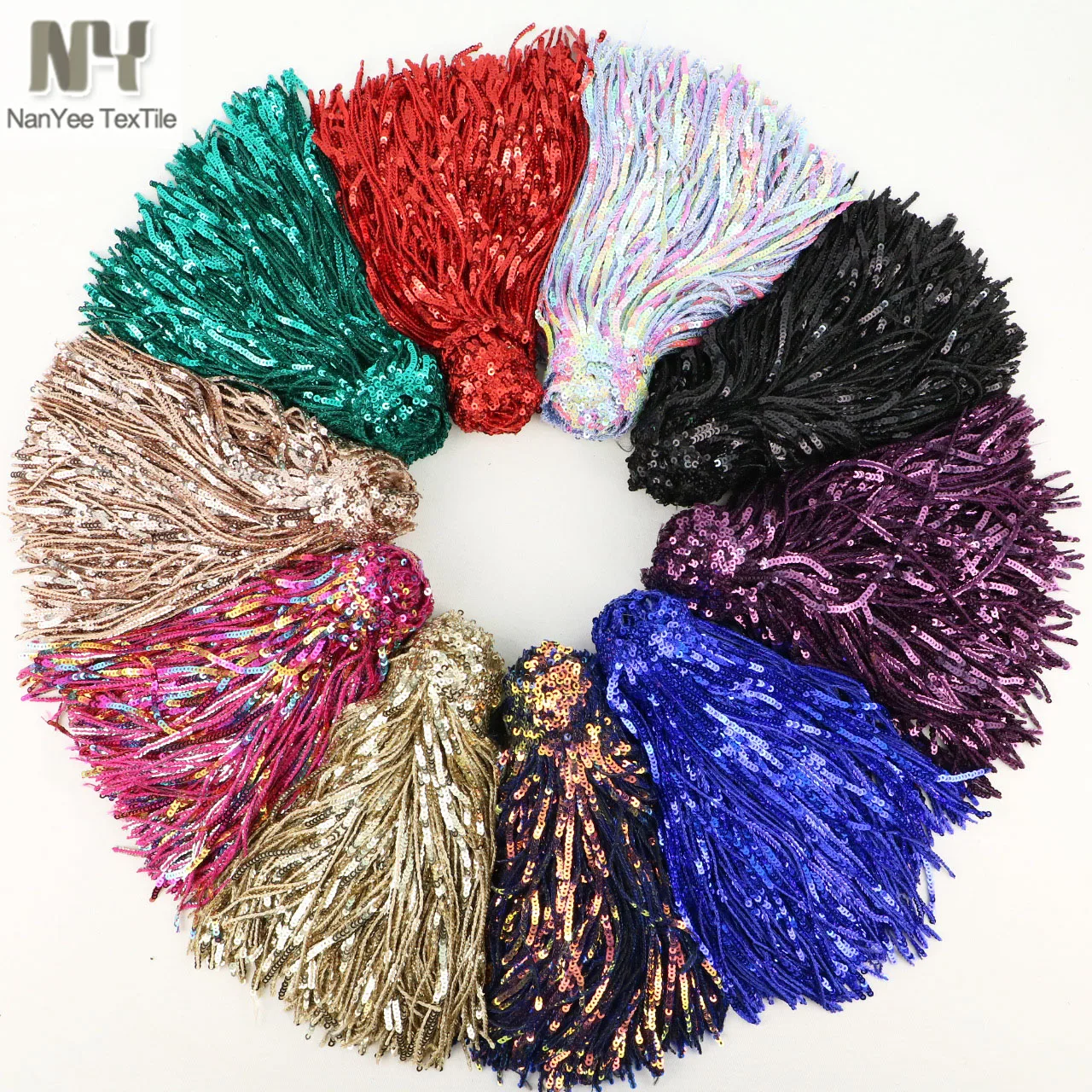 

17cm Length Long Tassels Hydrotropic Embroidered Macrame 3mm Sequin Fringe For Dance Decoration Costume