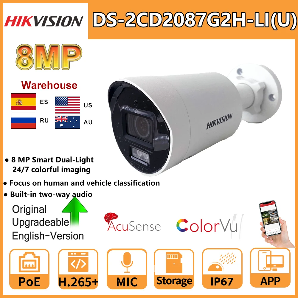 Hikvision 8MP IP Camera DS-2CD2087G2H-LIU Built-in Mic Dual-Light 4K Smart Hybrid Light With ColorVu Fixed Turret Network Camera