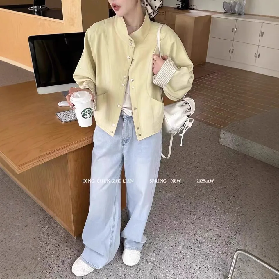 Women Jacket Short Coat Stand Collar Single Breasted Striped Lining Jackets Pockets Overcoat Autumn Office Lady Outerwear