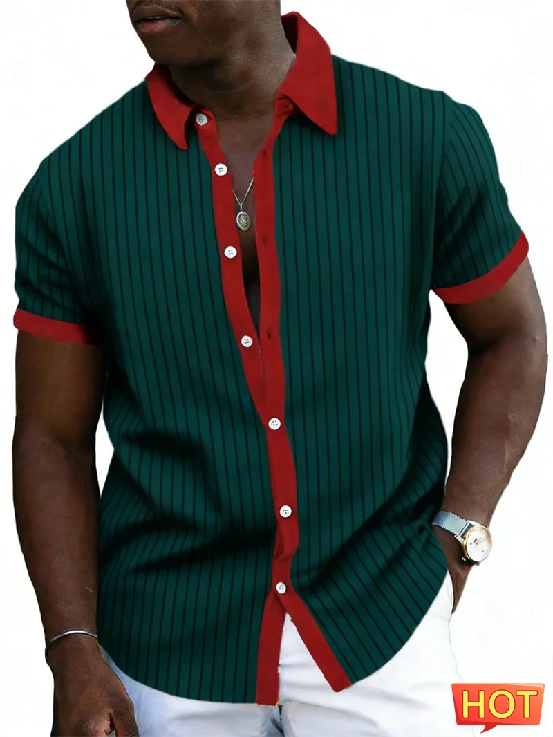 

Мужская повседневная рубашка в полоску с 3D-принтом, простая летняя рубашка с коротким рукавом, воротником и пуговицами, в стиле ретро, оверсайз, для повседневной носки