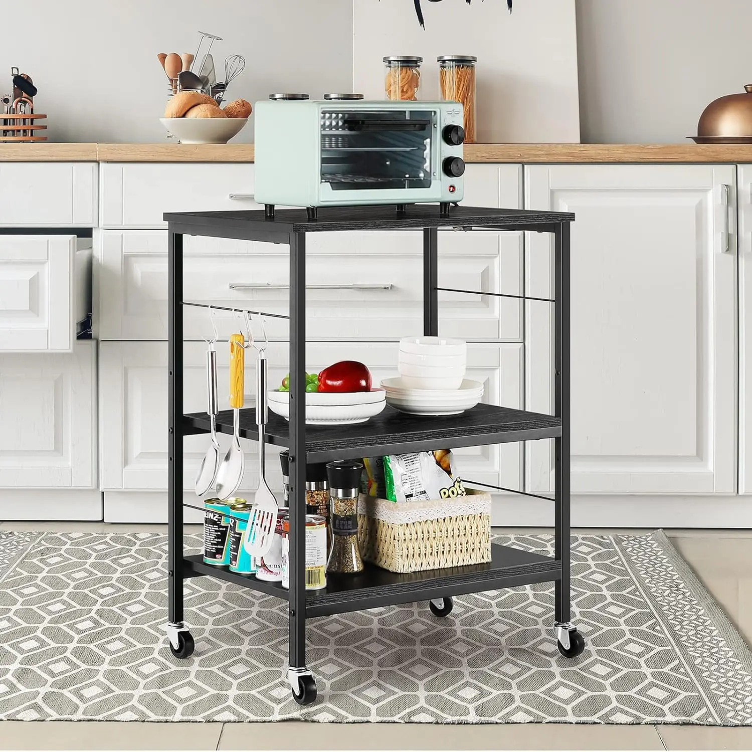 Microwave oven rack, 3-layer kitchen cart with small pastry rack stored on wheels and 10 hooks, coffee bar cart