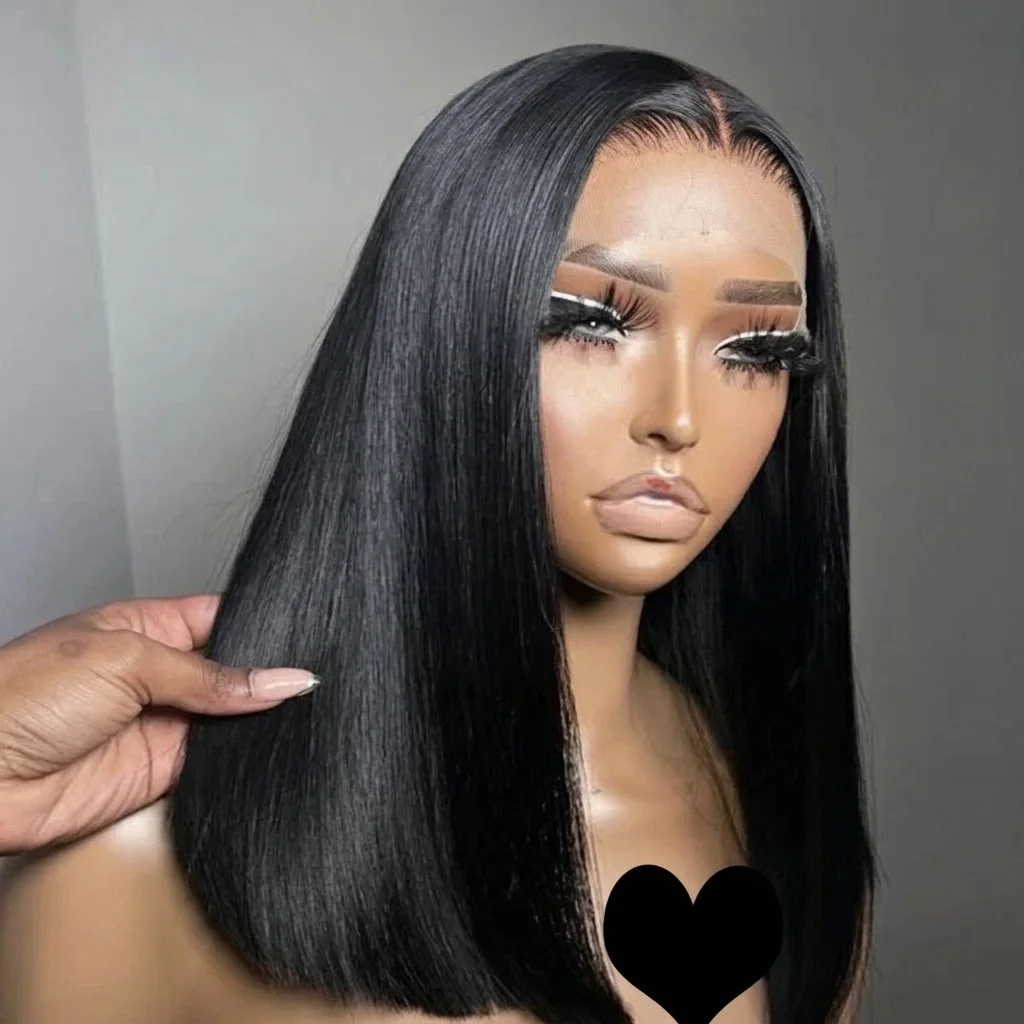 Short Straight Lace Front Bob Wigs For Black Women 13x4 Bob Wig Human Hair 1B Natural Color Human Hair Pre Plucked 250% 280% Density Transparent Lace Frontal Wig