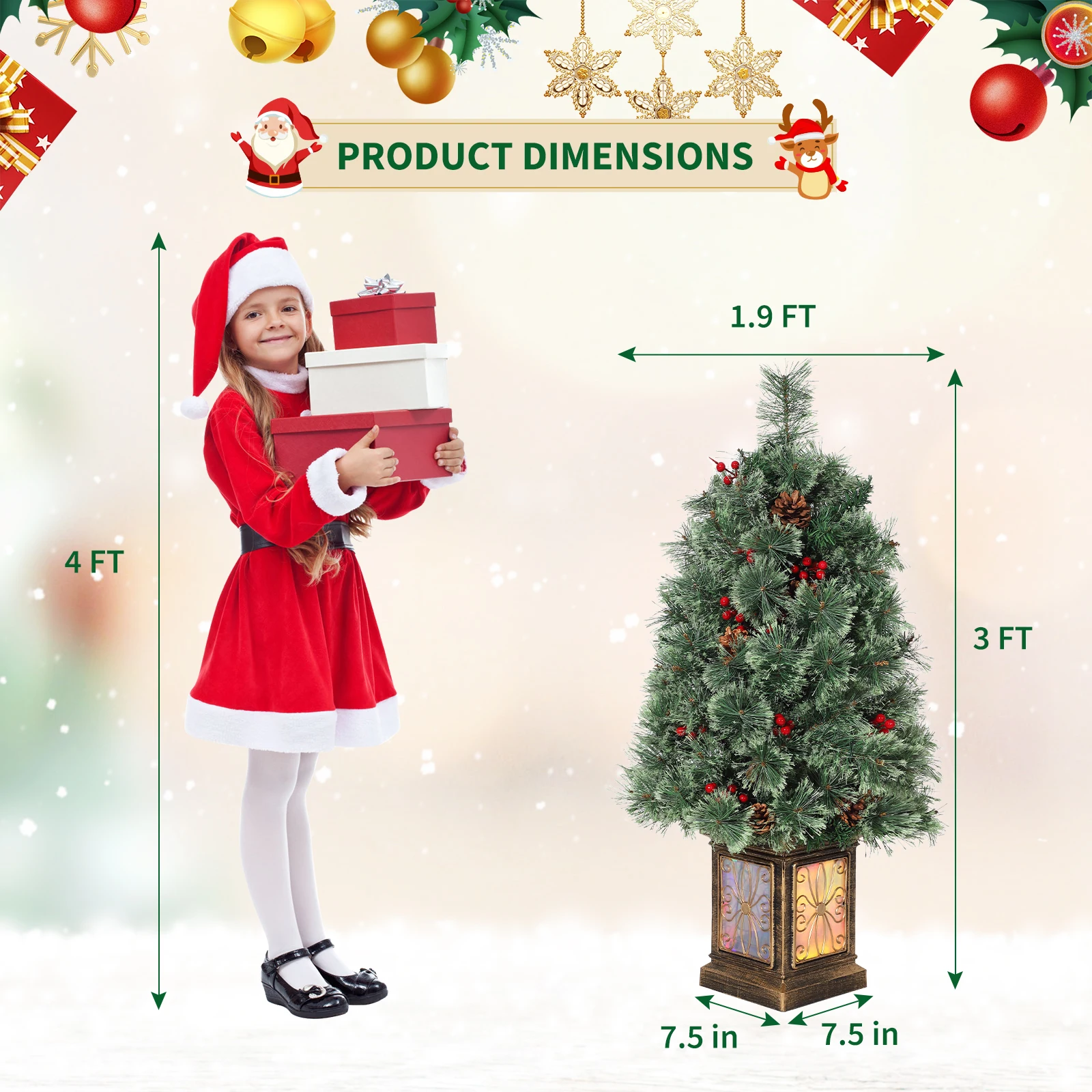 Pre-Lit Artificial Christmas Pine Tree 3ft, 70 Warm White LED Lights, 16 Pinecones & Red Berries, Mixed Pine Needles, Potted with Stand - Indoor Holiday Decoration for Home, Office, Porch