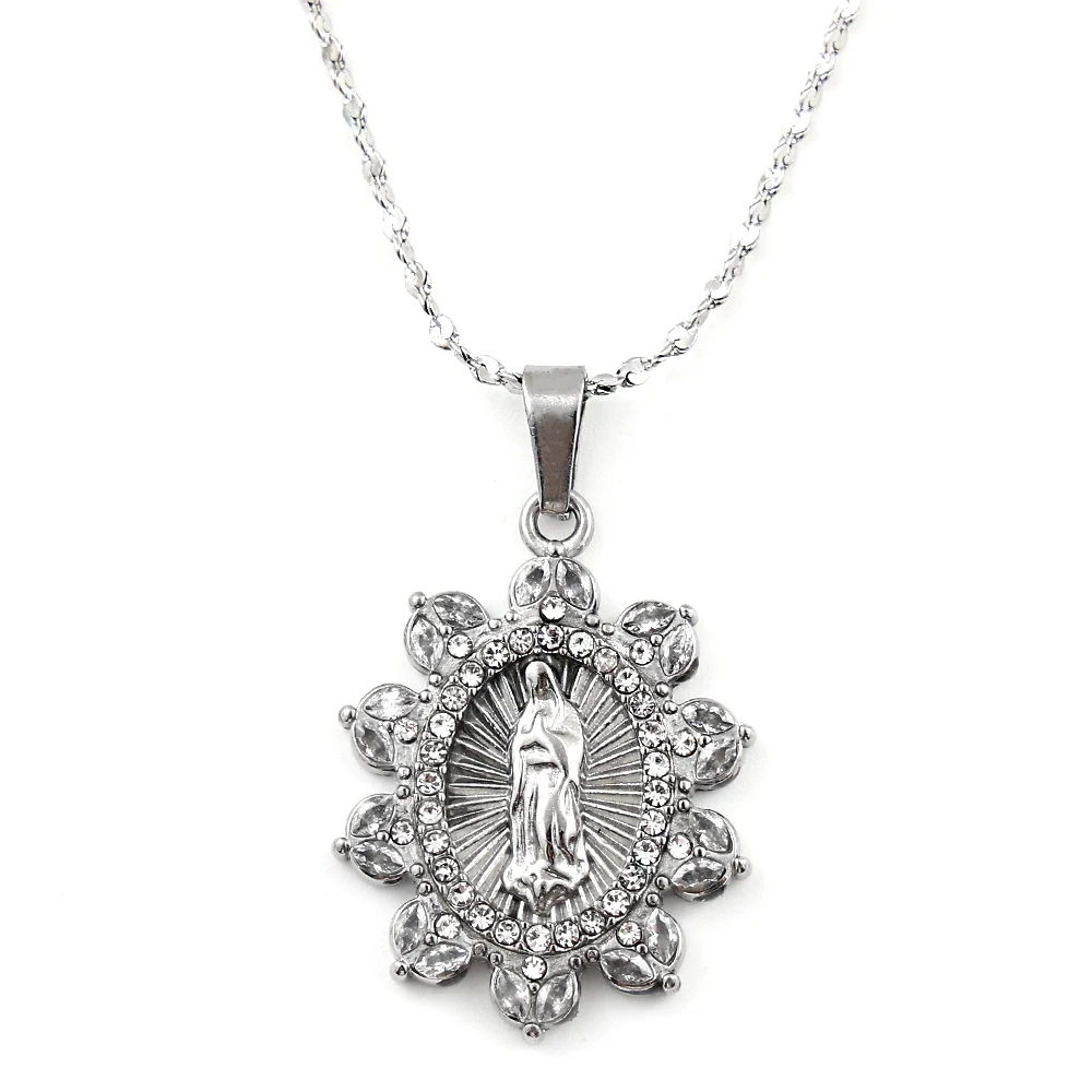 Catholic Virgin Mary Pendant Necklace for Women Men Rhinestones Stainless Steel Gold Color Our Lady of Guadalupe Chain Jewelry