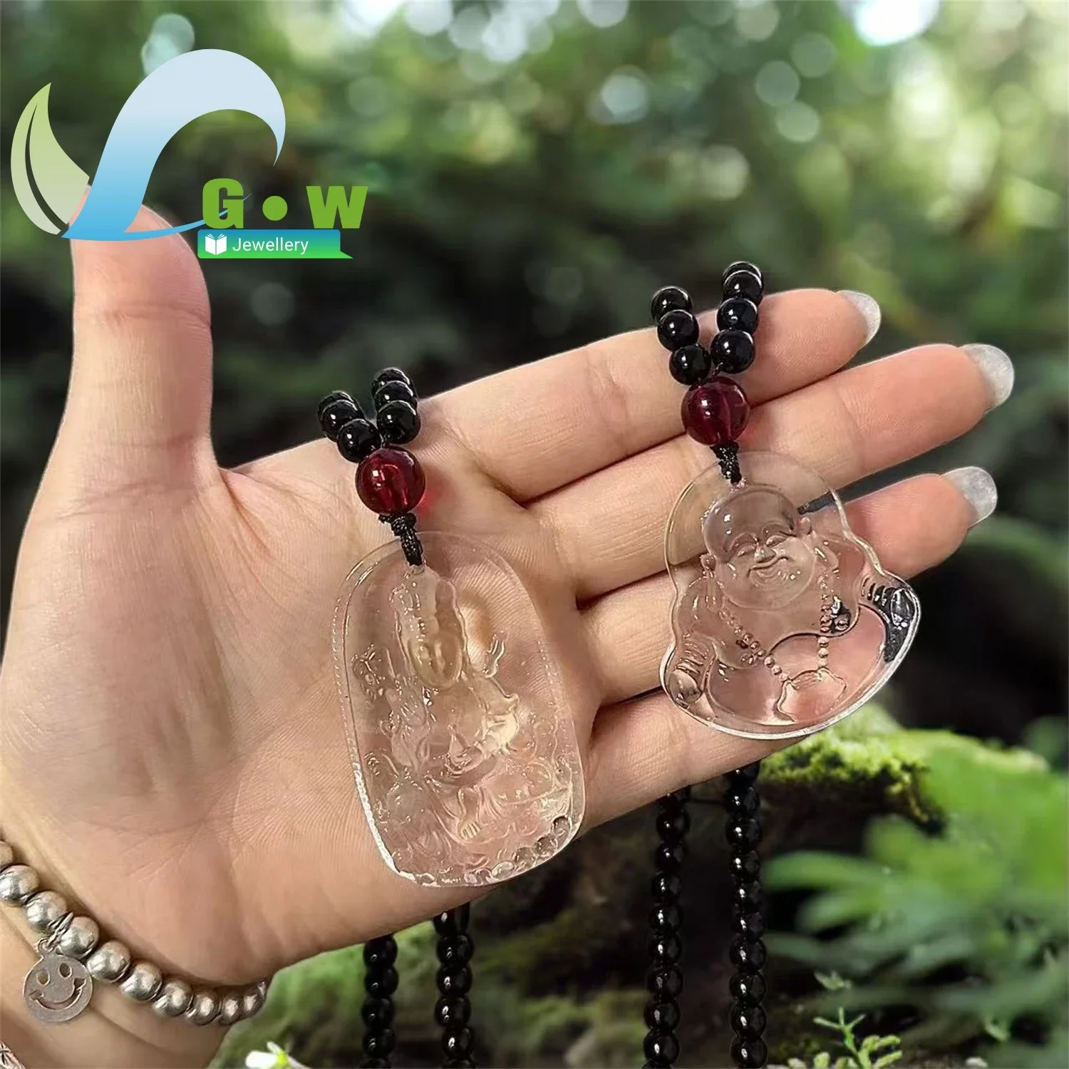 Natural Clear Quartz Maitreya Buddha Pendant Necklace Handcrafted Beaded Jewelry Guanyin Figure Lucky Charm Alternative Scenic