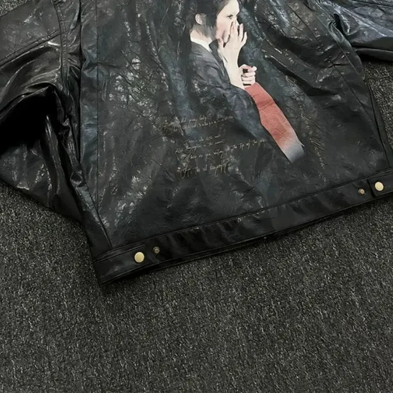 A woman's portrait with ultra-clear ink print, retro wrinkled texture, POLO collar leather jacket.