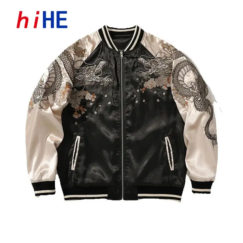 Men's Bomber Jacket Satin Dragon Phoenix Embroidery Casual Streetwear Spring Autumn Stand Collar Fashion Outerwear SukajanA1