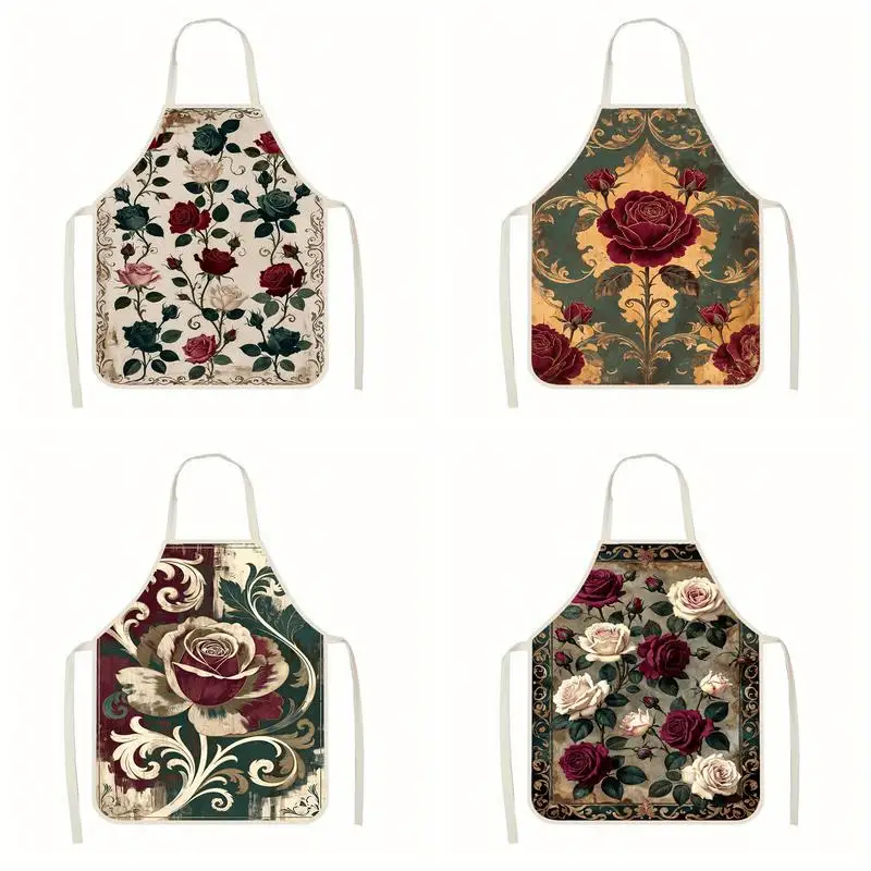 

Винтажный льняной фартук с принтом роз, подходит для приготовления пищи на кухне, общения родителей и детей, рисования и других мероприятий.