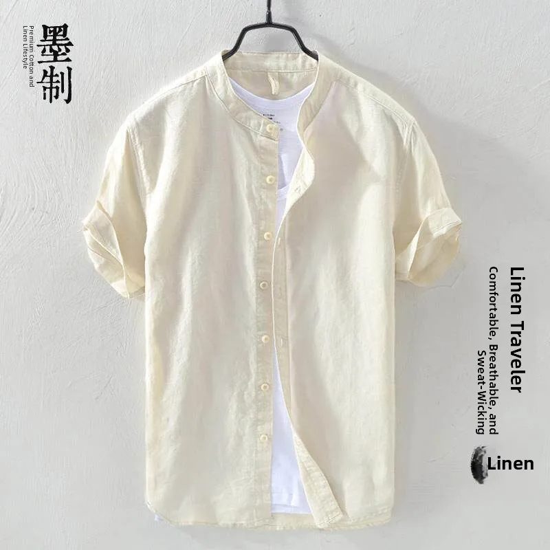 

Men's Casual Linen Cotton Blend Short Sleeve Shirt Loose Fit Fashionable Top City Walk Suitable Clean Fit Stand Collar Inner ...