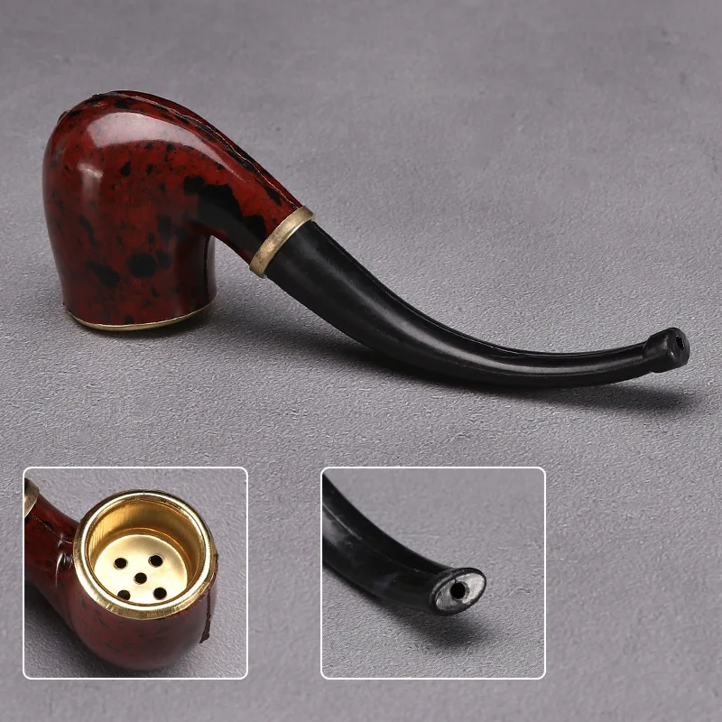 New Imitation Wood Pipe Men\'s Classic Resin Pipe Old-Fashioned Dry Pipe Portable Copper Pot Bent Cigarette Pipe