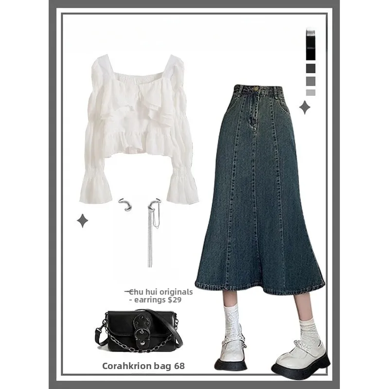 Witte lange Sve-denimrok met één schouder, dames lente 2025, casual, veelzijdig ontwerp, Fi Tail f-lengte rok