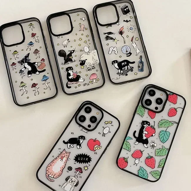 

2.0 Version Acrylic Upgrade Border Black Cat Strawberry Phone Case Cover for IPhone 11 12 13 14 15 16 Pro Max Case