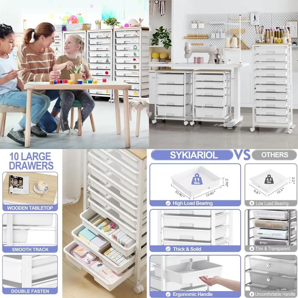 

Белая деревянная тележка для рукоделия с 10 ящиками для хранения и передвижения