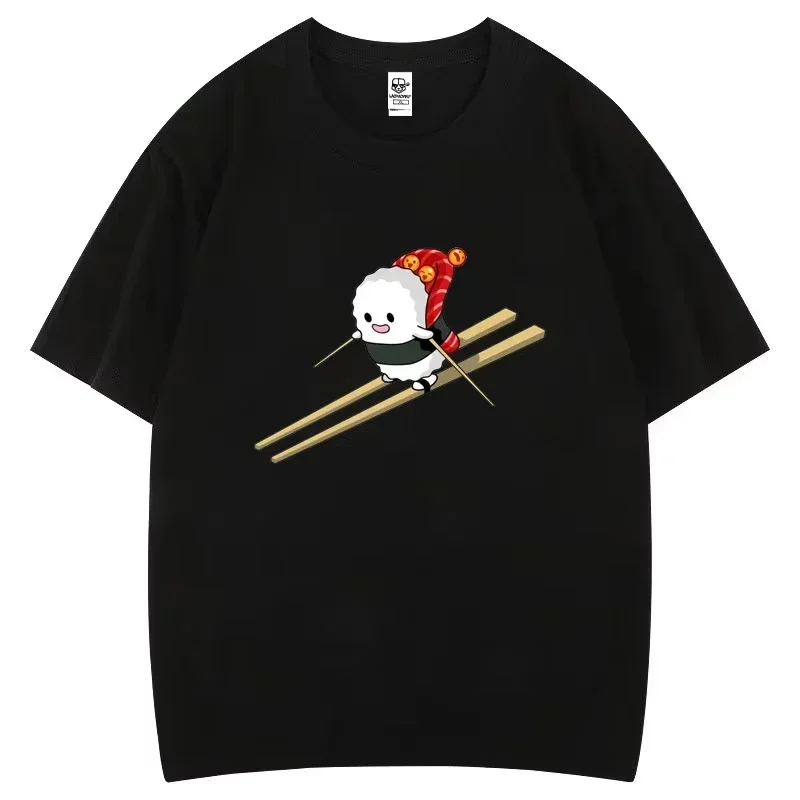 

Sushi Skiing Graphic Tee Funny Japanese Food Cartoon Print Men's Casual Short Sleeve T-Shirt