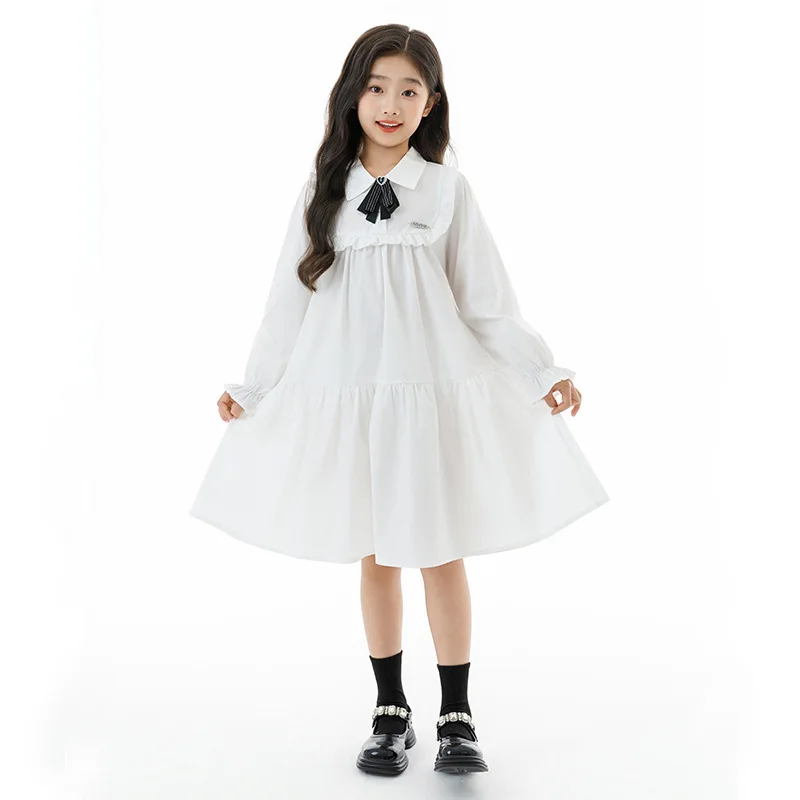 

School Girls Dress Autumn Korean Junior Girls Solid Long Sleeves One-piece Dress Teenager Girls Turn Down Collar Princess Dress