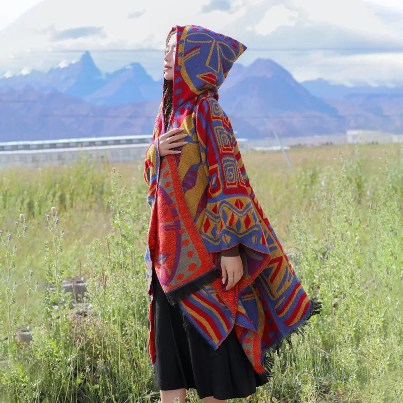 

WeHello-Autumn and Winter New Shawl Women's Imitation Cashmere Warm Bohemian Ethnic Style Hat Cloak Travel Style