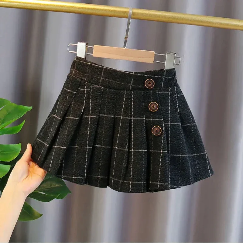 Kids Girls Pleated Skirts Woolen Plaid Skirts 2024 New Arrival Children Princess Coffee Black Skirts School Wear Clothes 3-16Y