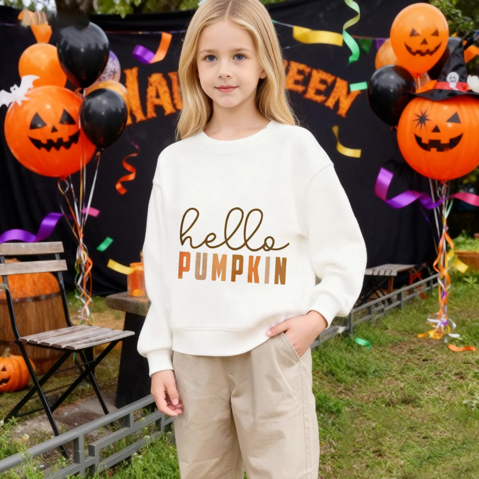 سويت شيرت للأطفال برقبة دائرية - بلوفر أبيض عصري "Hello Pumpkin" لموسم الخريف والخريف