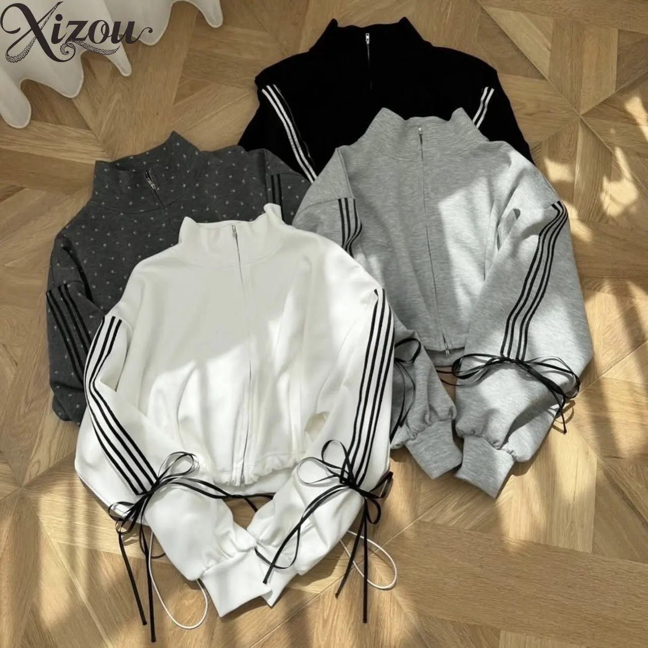 

Korean Fashion Bow Ribbon Cardigan Women Stand-Up Collar Zipper Warm Knitted Jacket Autumn Winter 2025 Sweatshirts Lace-up