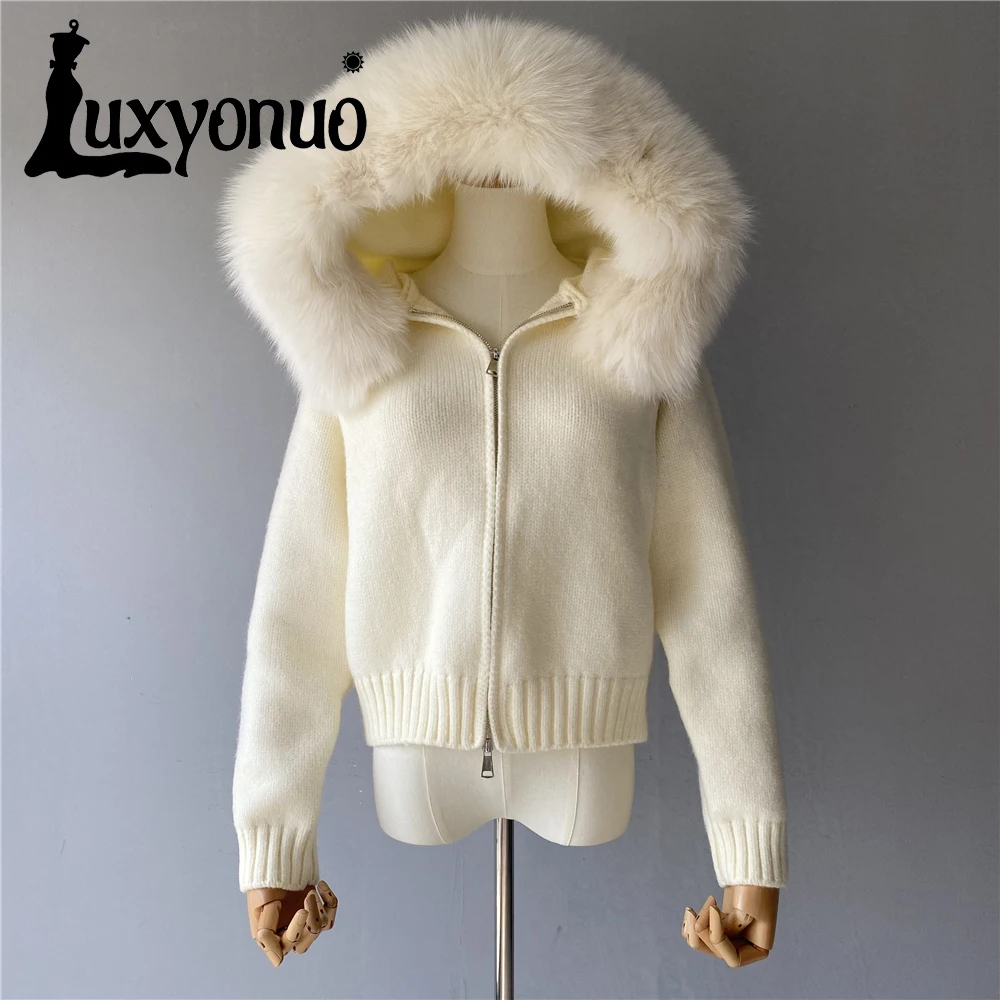 

Luxyonuo Women's Casual Hooded Knitted Jacket with Real Fox Fur Fall Winter Fashion Natural Fur Collar Short Cardigan Sweater