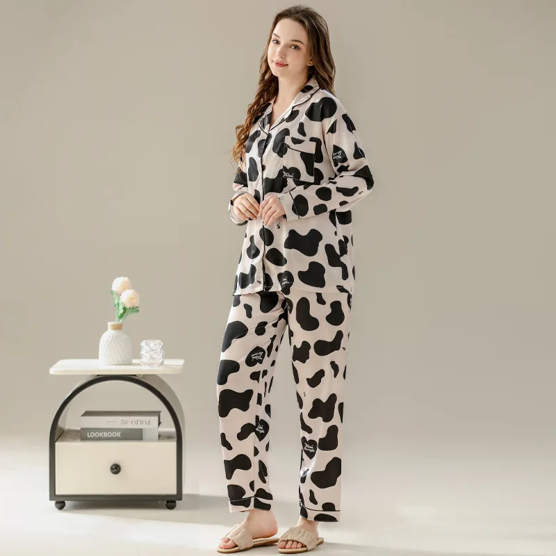 Women\'s Pajamas Sets Spring Autumn 2 Piece Cow Dot Print Pyjama Faux Silk Satin Sleepwear Long Sleeve Pijama Mujer Pjs Homewear