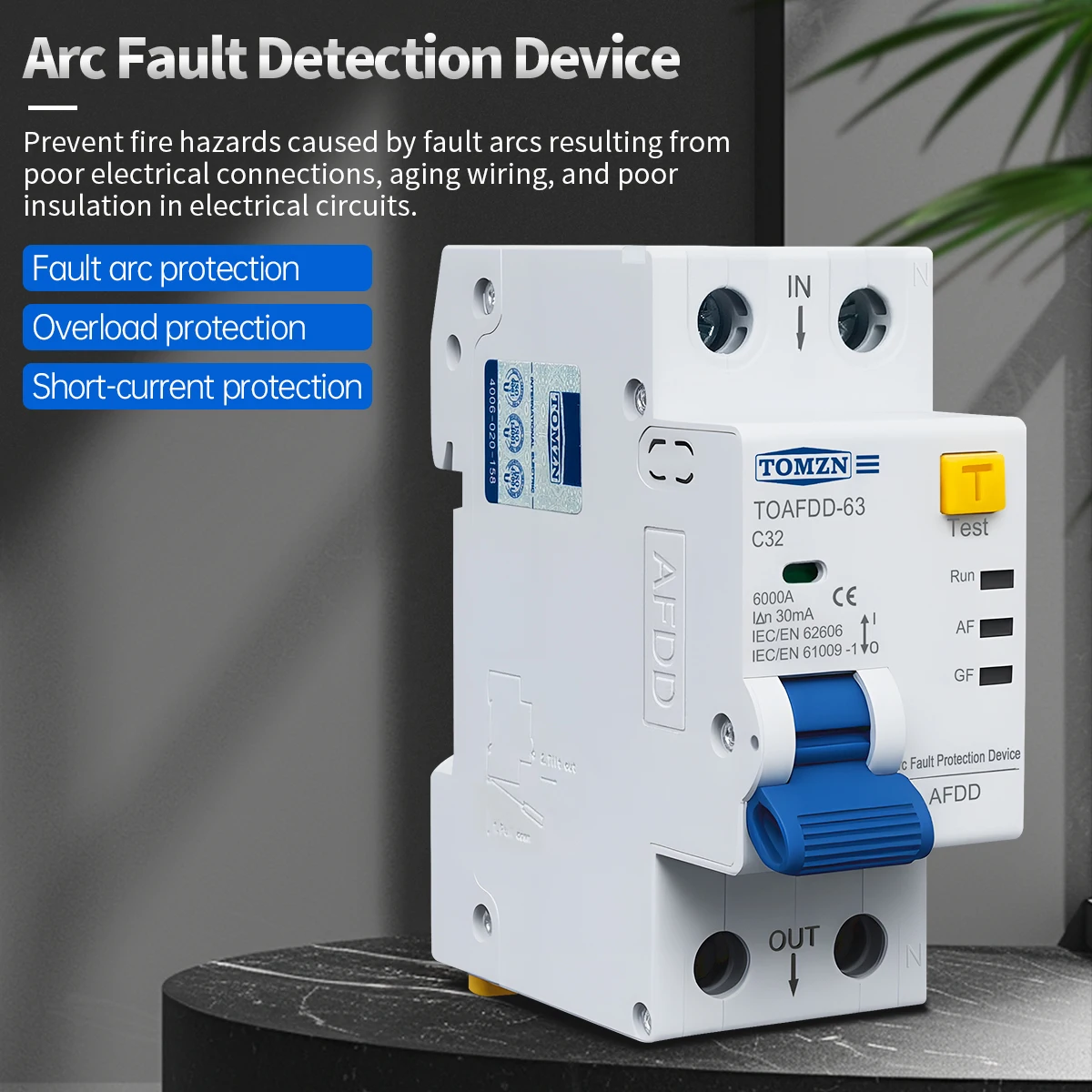 2P AFDD Integrated RCBO TOMZN Arc Fault Fire Prevention Residual Current Circuit Breaker Din Rail Switch