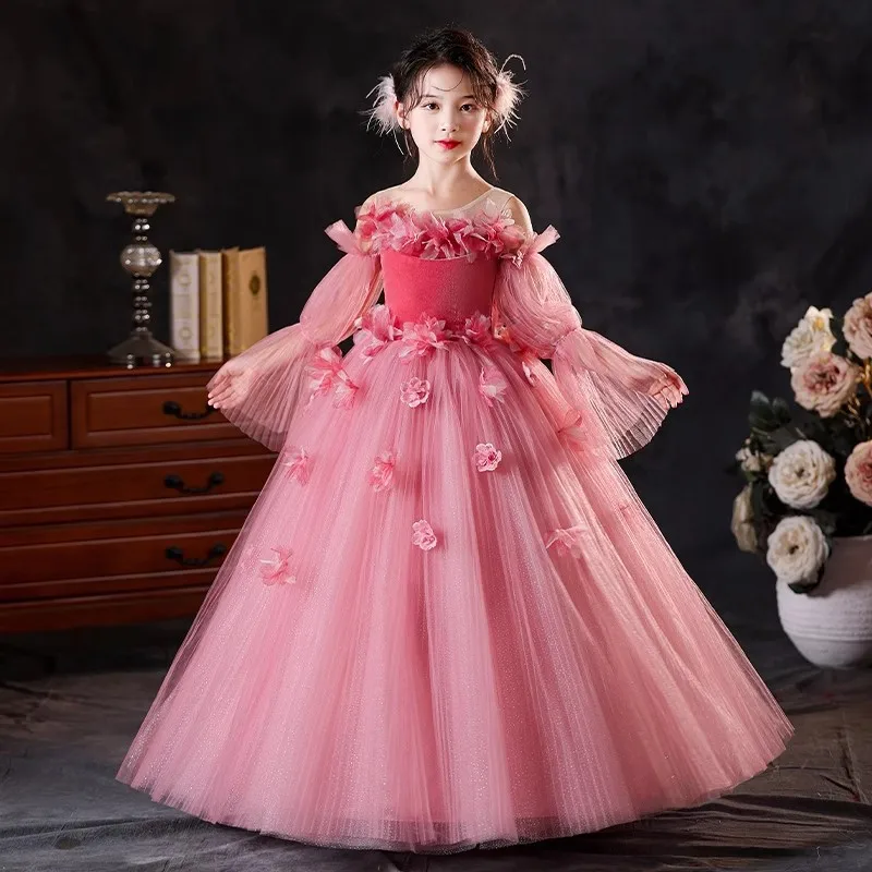 

Girls pink flower fairy dress 2025 new birthday fluffy yarn princess dress host piano performance suit